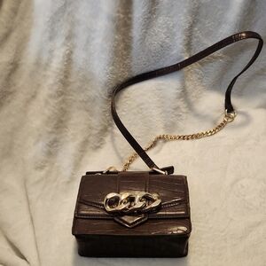 Zara Brown Chain Strap Mini Purse Gold Hardware Faux Leather Croc Chunky Accent